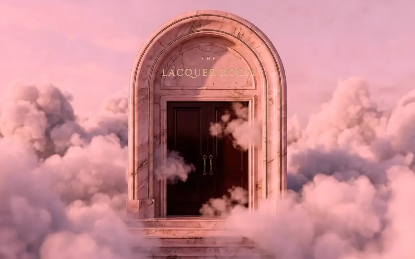 The Lacquer Room homepage: a pink marble arch with burgundy doors rising out of pink clouds