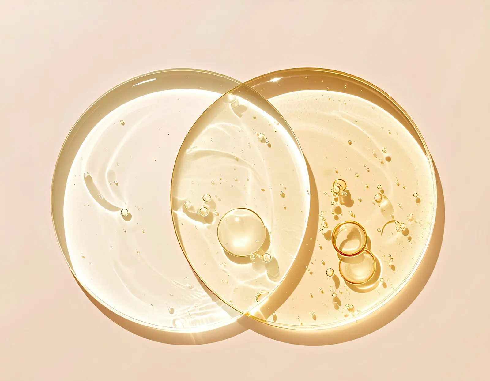 Two drops of clear golden serum overlapping