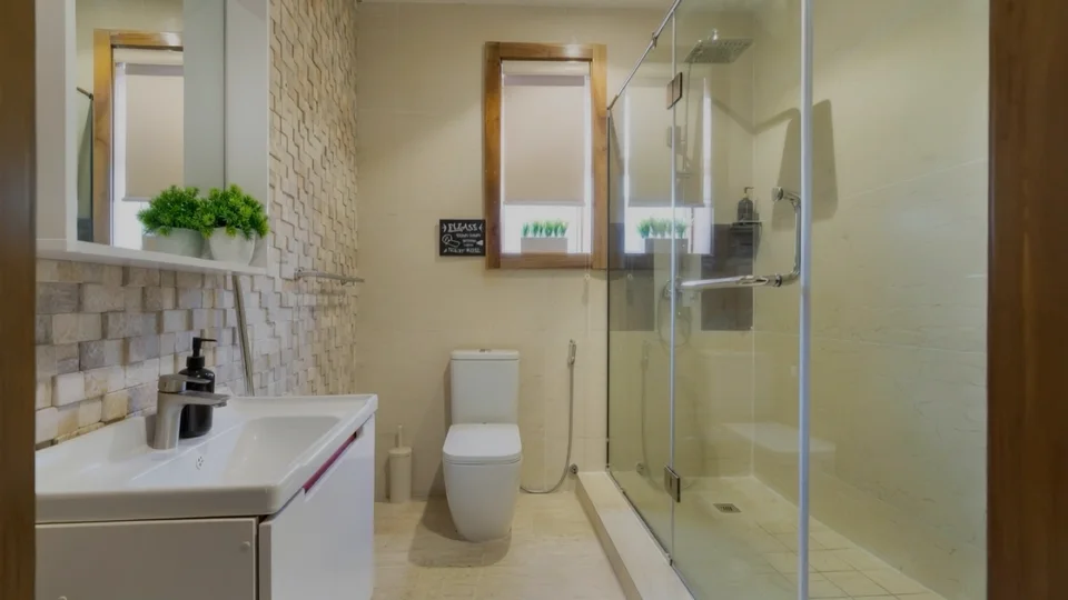 Ensuite with glass shower and stone wall